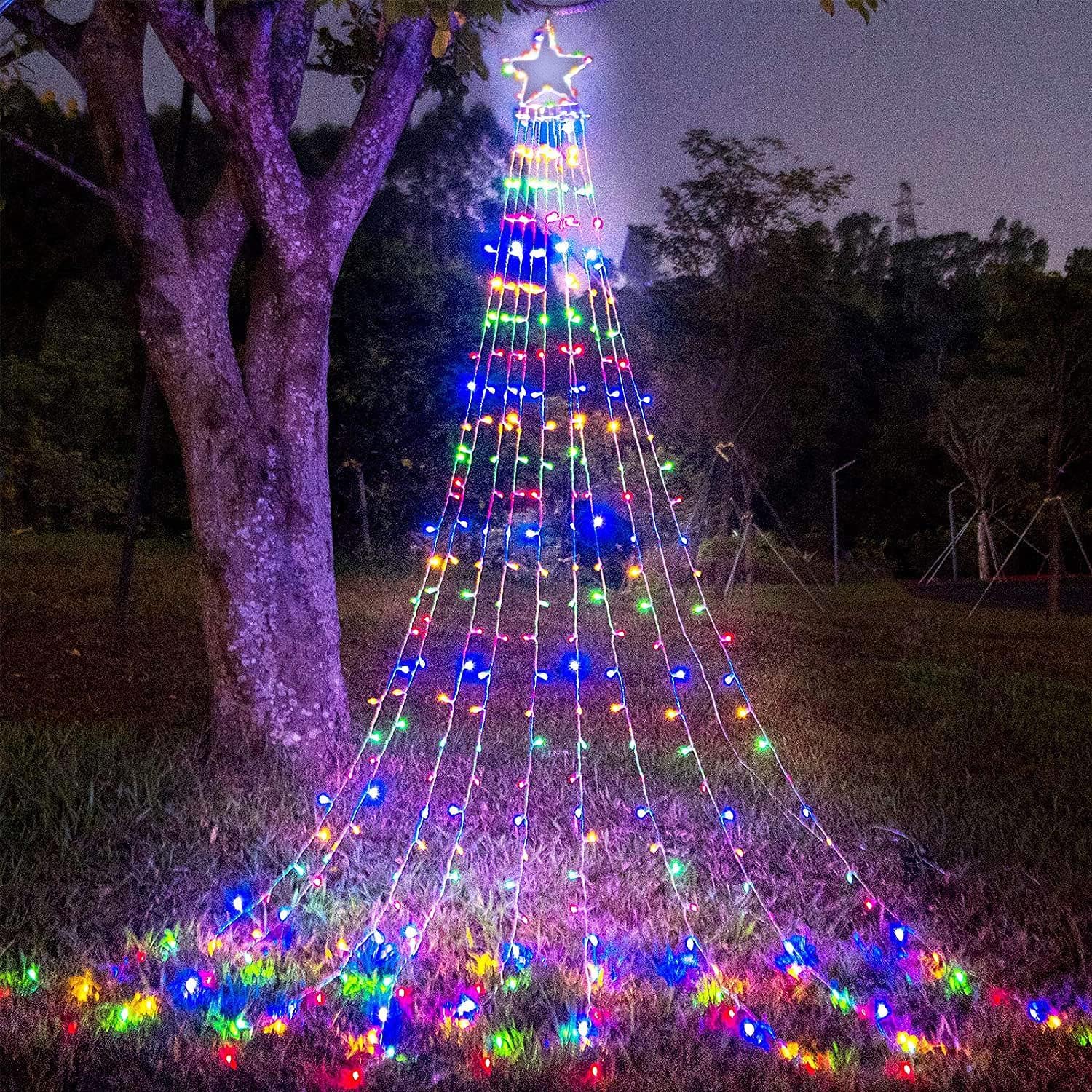 PUHONG Christmas Decoration Outdoor Star String Lights, 16.4Ft Christmas Tree Toppers Lights 320 LED 8 Modes with 12" Lighted Star for Halloween Christmas New Year Holiday Birthday (Multicolored)